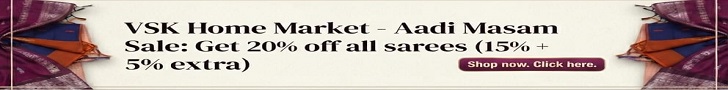 Grab the best 15% off Aadi Masam saree deals exclusively at VSK Home Market Shop now. Click here.