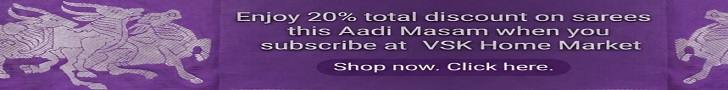 Upgrade your style this Aadi Masam with 15% off sarees at VSK Home Market Shop now. Click here.